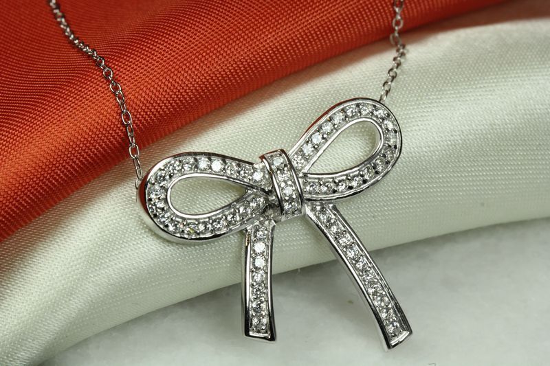 CUTE AND UNIQUE CLEAR CZ ENCRUSTED BOW TIE NECKLACE 925 STERLING SILVER~~MXMSAT
