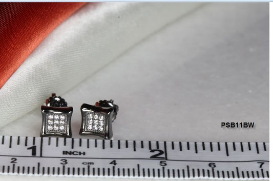 BEAUTIFUL BLACK RHODIUM PLATED SILVER 925 9 WHITE CZS EACH 6MM SQR STUD EARRINGS