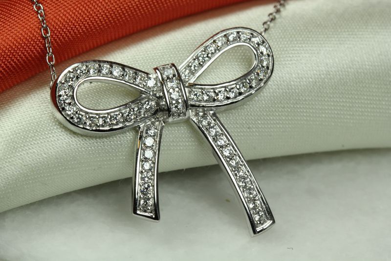 CUTE AND UNIQUE CLEAR CZ ENCRUSTED BOW TIE NECKLACE 925 STERLING SILVER~~MXMSAT
