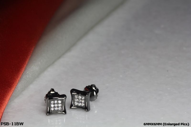 BEAUTIFUL BLACK RHODIUM PLATED SILVER 925 9 WHITE CZS EACH 6MM SQR STUD EARRINGS