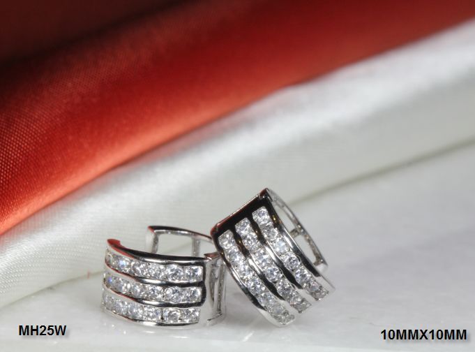925 STERLING SILVER ROUND 3 ROW CZ  HUGGIE HUGGY HOOP CZ EARRINGS ~10MM~MH25CLR~