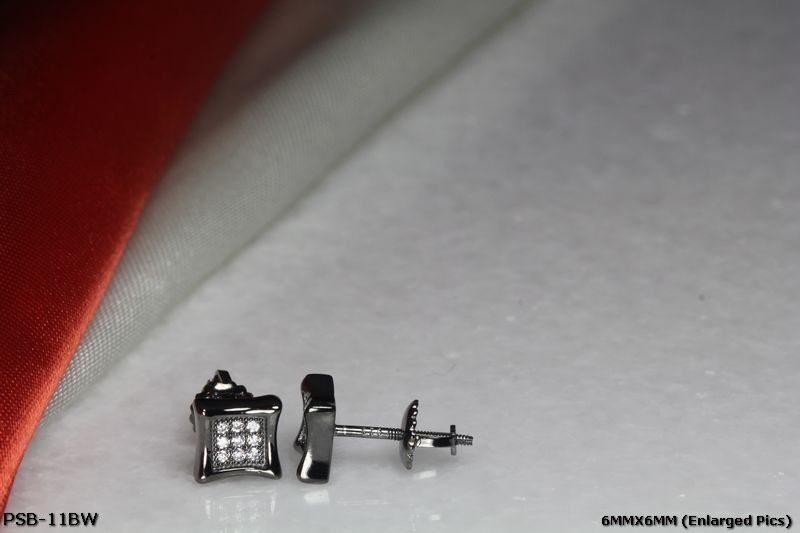 BEAUTIFUL BLACK RHODIUM PLATED SILVER 925 9 WHITE CZS EACH 6MM SQR STUD EARRINGS