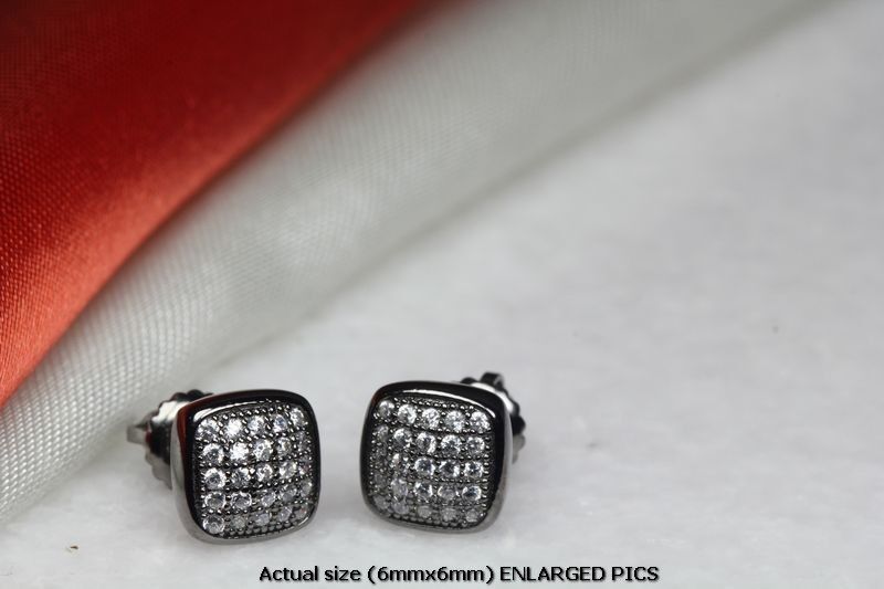 BLACK RHODIUM PLATED STERLING SILVER 25 CLEAR CZ STONES 6MM PAVE STUD EARRINGS