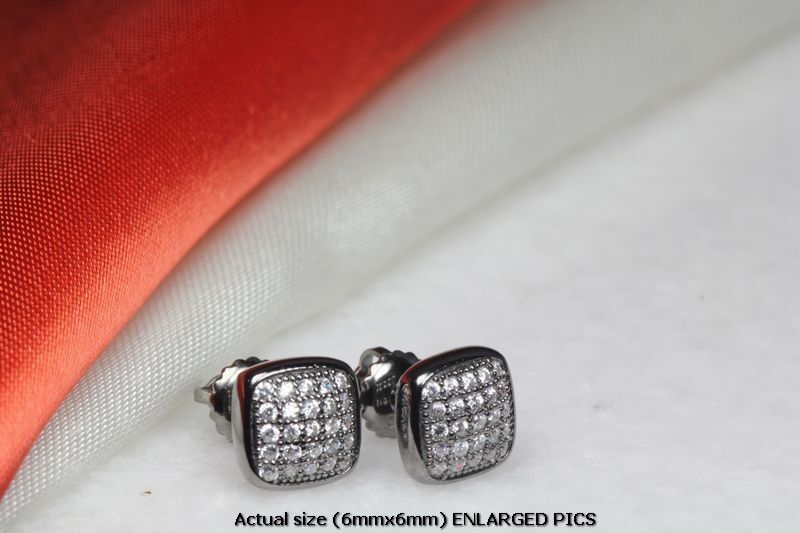BLACK RHODIUM PLATED STERLING SILVER 25 CLEAR CZ STONES 6MM PAVE STUD EARRINGS