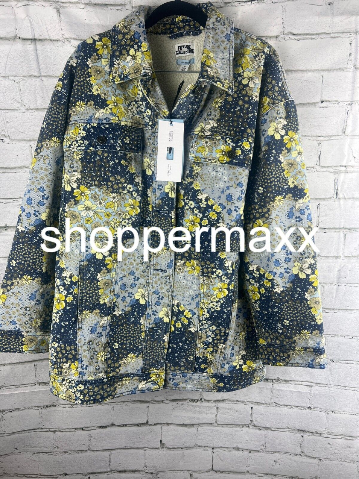 Women's Denim Floral Print Faux Shearling Jacket-Future Collective with Reese, M