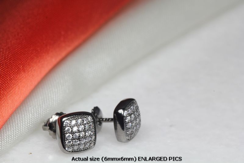 BLACK RHODIUM PLATED STERLING SILVER 25 CLEAR CZ STONES 6MM PAVE STUD EARRINGS