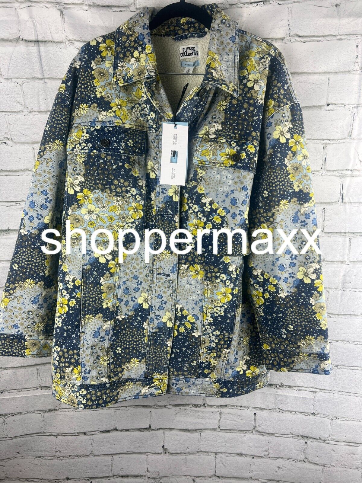 Women's Denim Floral Print Faux Shearling Jacket-Future Collective with Reese, M