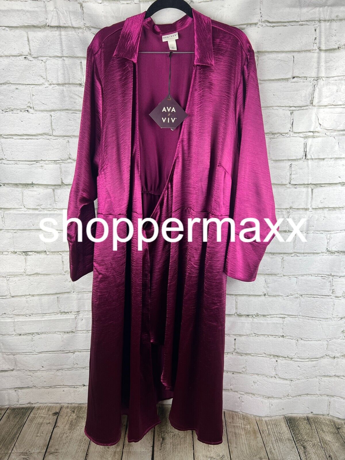 Women's Long Sleeve Satin Midi Wrap Dress - Ava & Viv, Purple, 2X