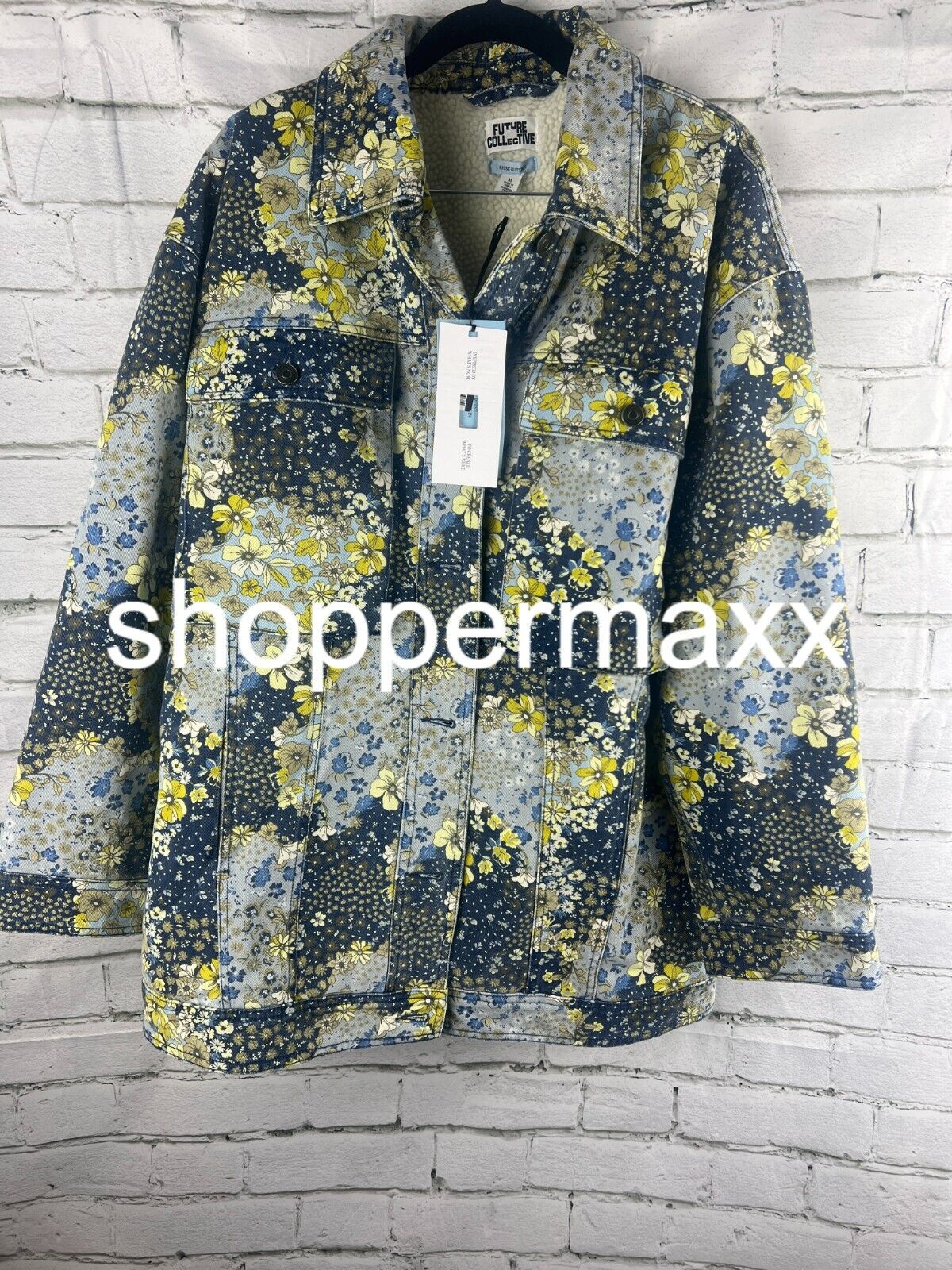 Women's Denim Floral Print Faux Shearling Jacket-Future Collective with Reese, M