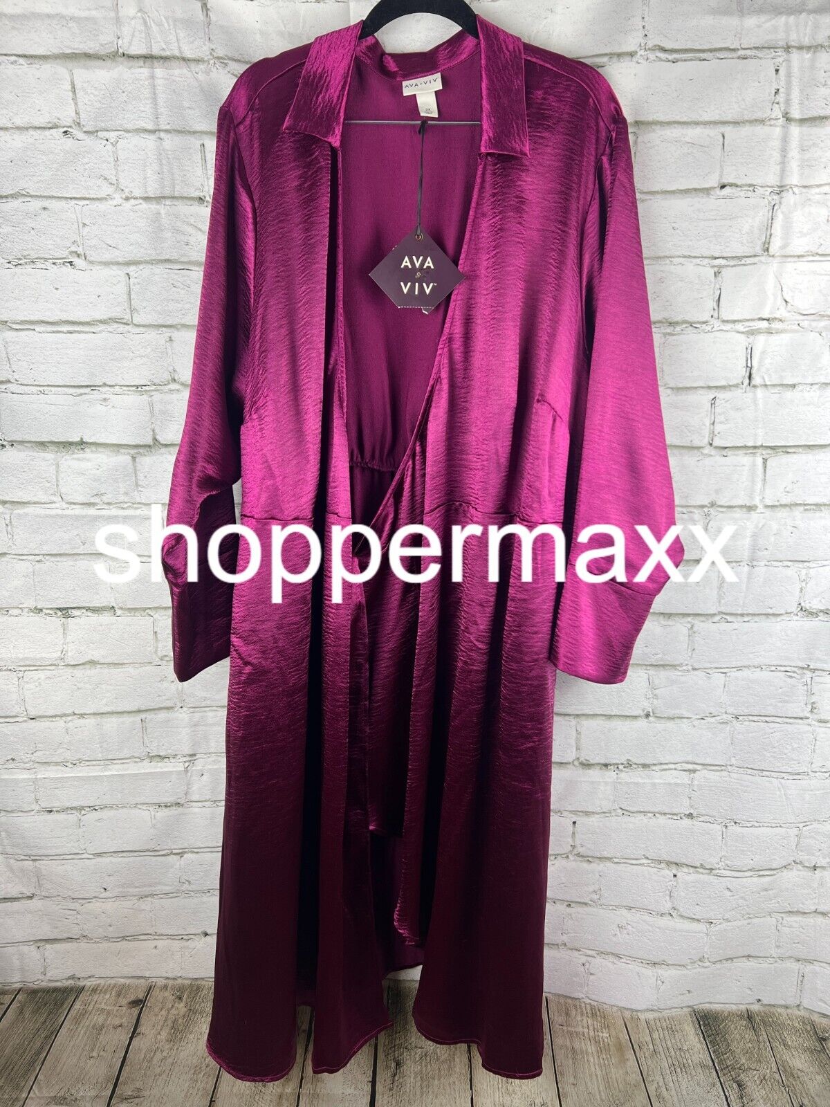 Women's Long Sleeve Satin Midi Wrap Dress - Ava & Viv, Purple, 2X