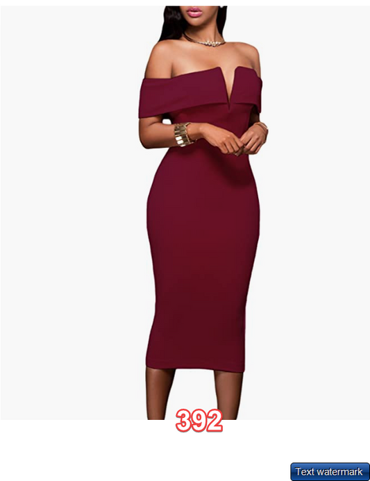 AlvaQ Women's Sexy V Neck Off The Shoulder Evening Bodycon Club Midi Dress L
