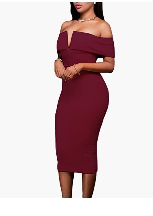 AlvaQ Women's Sexy V Neck Off The Shoulder Evening Bodycon Club Midi Dress L