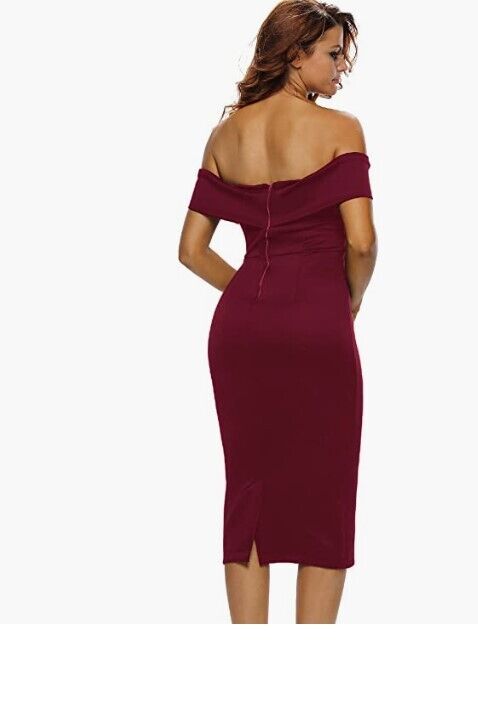 AlvaQ Women's Sexy V Neck Off The Shoulder Evening Bodycon Club Midi Dress L