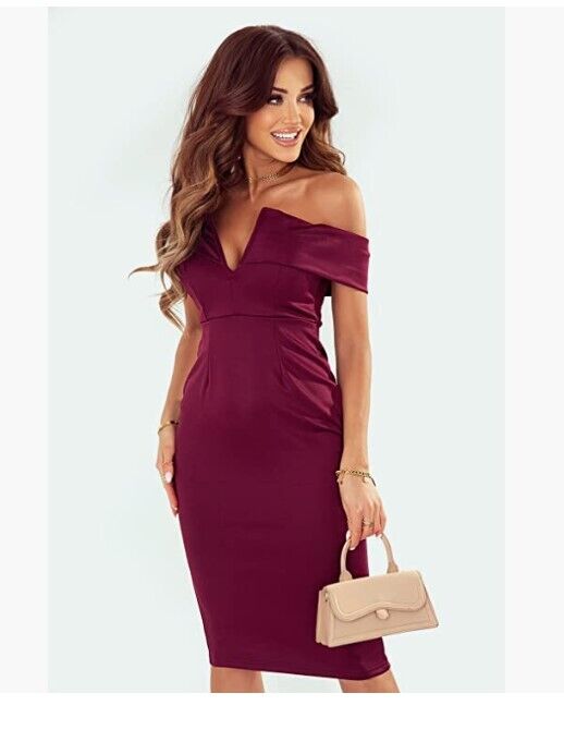 AlvaQ Women's Sexy V Neck Off The Shoulder Evening Bodycon Club Midi Dress L