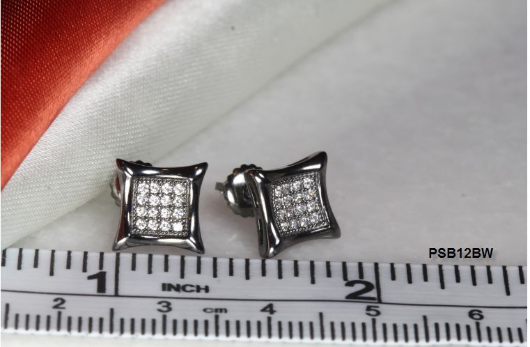 BLACK RHODIUM PLATED 16 WHITE CZS EACH STERLING SILVER 925 8MM SQR STUD EARRINGS