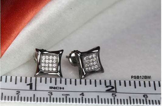 BLACK RHODIUM PLATED 16 WHITE CZS EACH STERLING SILVER 925 8MM SQR STUD EARRINGS