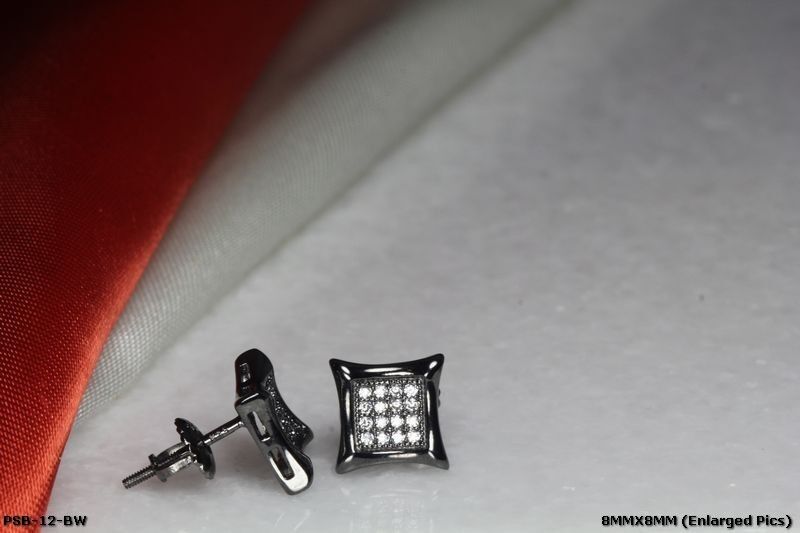 BLACK RHODIUM PLATED 16 WHITE CZS EACH STERLING SILVER 925 8MM SQR STUD EARRINGS