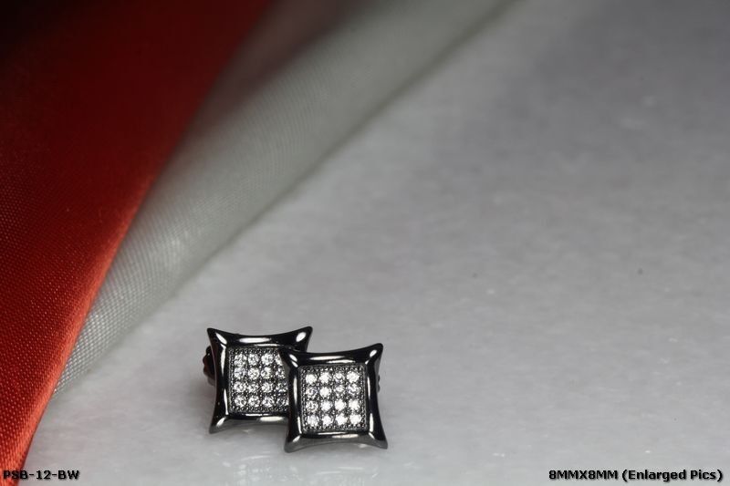 BLACK RHODIUM PLATED 16 WHITE CZS EACH STERLING SILVER 925 8MM SQR STUD EARRINGS