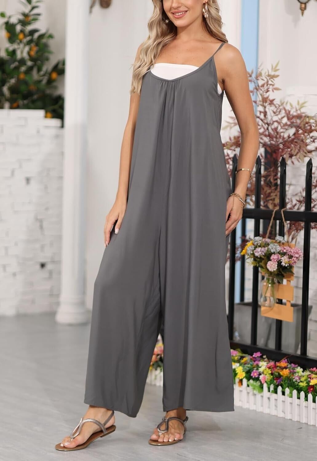 wexcen Jumpsuits for Women Wide Leg Spaghetti Strap Sleeveless, Small, Dark Grey