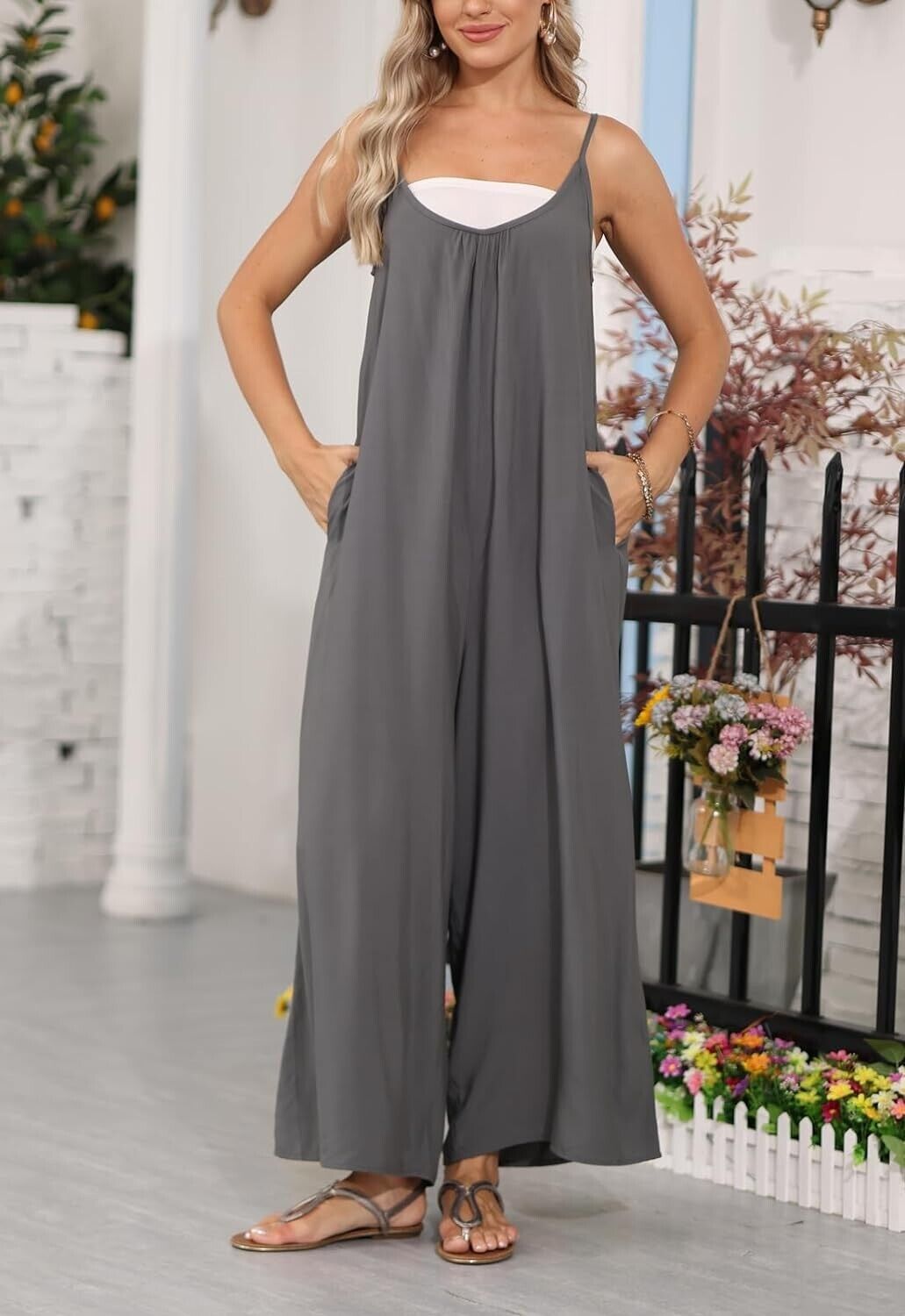 wexcen Jumpsuits for Women Wide Leg Spaghetti Strap Sleeveless, Small, Dark Grey