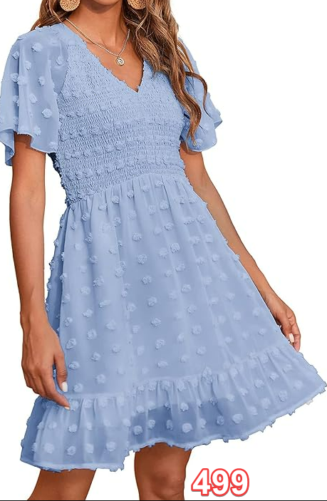 BTFBM Women's V Neck Smocked Swiss Dot Swing Flowy Ruffle Hem Mini Beach Dress M