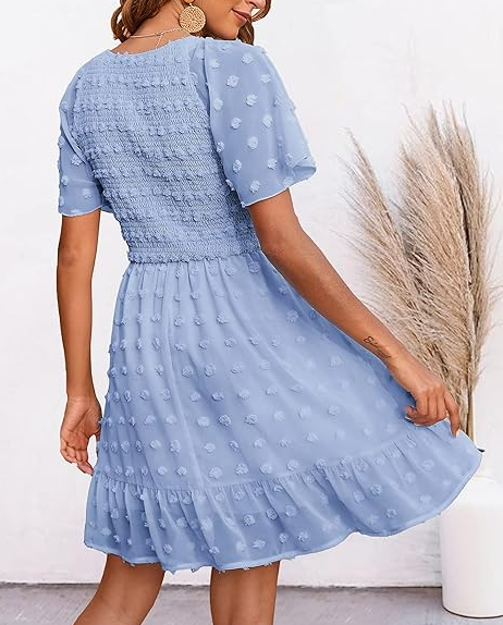 BTFBM Women's V Neck Smocked Swiss Dot Swing Flowy Ruffle Hem Mini Beach Dress M