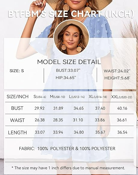 BTFBM Women's V Neck Smocked Swiss Dot Swing Flowy Ruffle Hem Mini Beach Dress M
