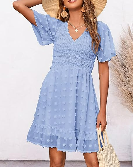 BTFBM Women's V Neck Smocked Swiss Dot Swing Flowy Ruffle Hem Mini Beach Dress M