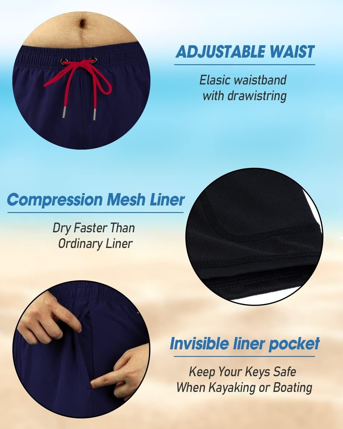 BOCACUE Mens Swimming Trunks with Compression Liner 2 in 1 Quick Dry Beach Short