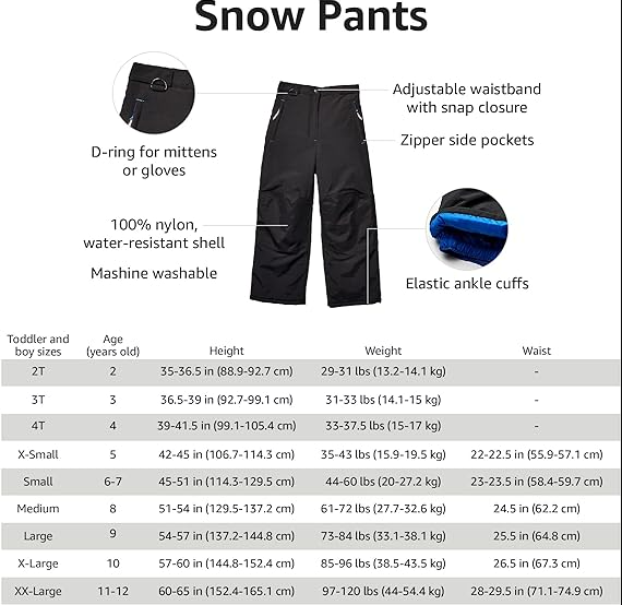 Amazon Essentials Boys and Toddlers' Water-Resistant Snow Pants 4T L(10)
