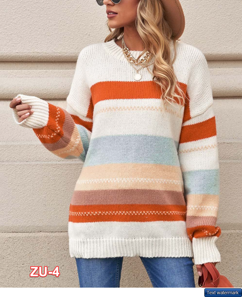 Zesica Women White & Orange Stripe Drop-Shoulder Crewneck Sweater M