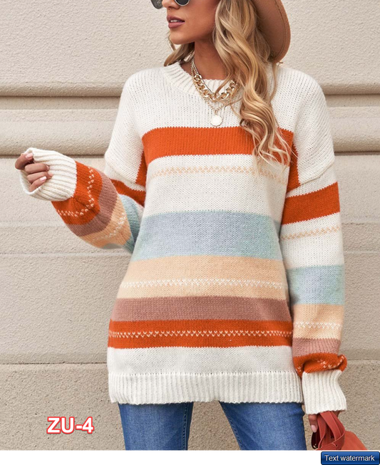 Zesica Women White & Orange Stripe Drop-Shoulder Crewneck Sweater M
