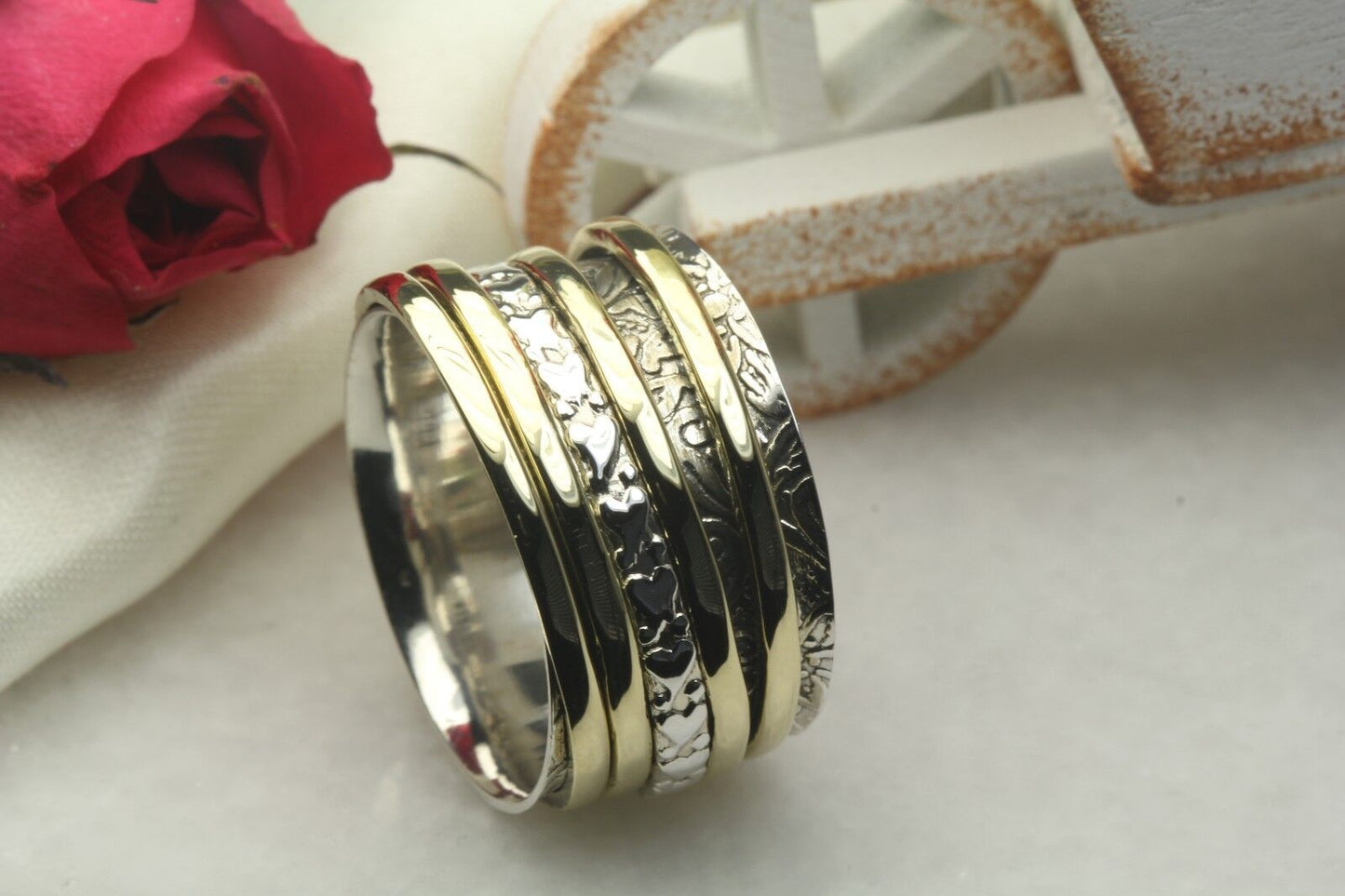 Yellow Gold Spinner Ring Hearts Solid Heavy 925 Sterling Silver Spinner Ring