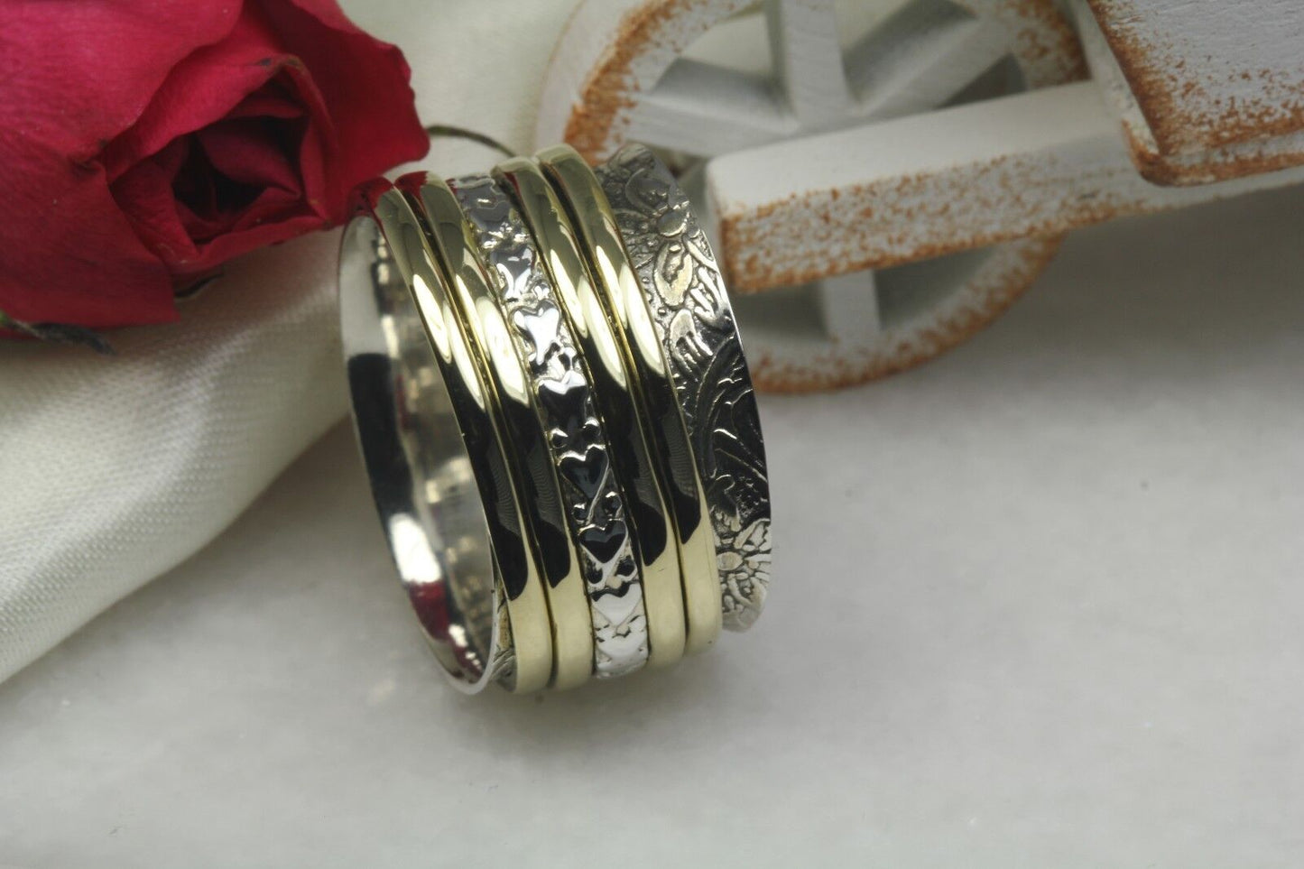 Yellow Gold Spinner Ring Hearts Solid Heavy 925 Sterling Silver Spinner Ring