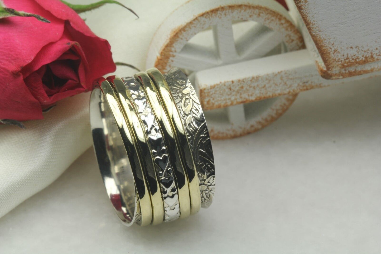 Yellow Gold Spinner Ring Hearts Solid Heavy 925 Sterling Silver Spinner Ring