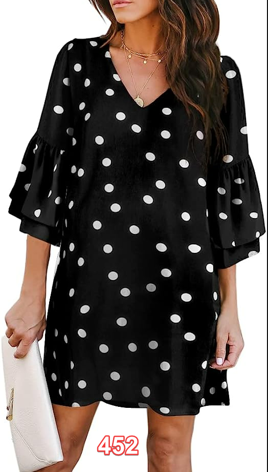 BELONGSCI Women's 2023 Summer Dress Sweet Cute V-Neck Bell Sleeve Shift Dress L