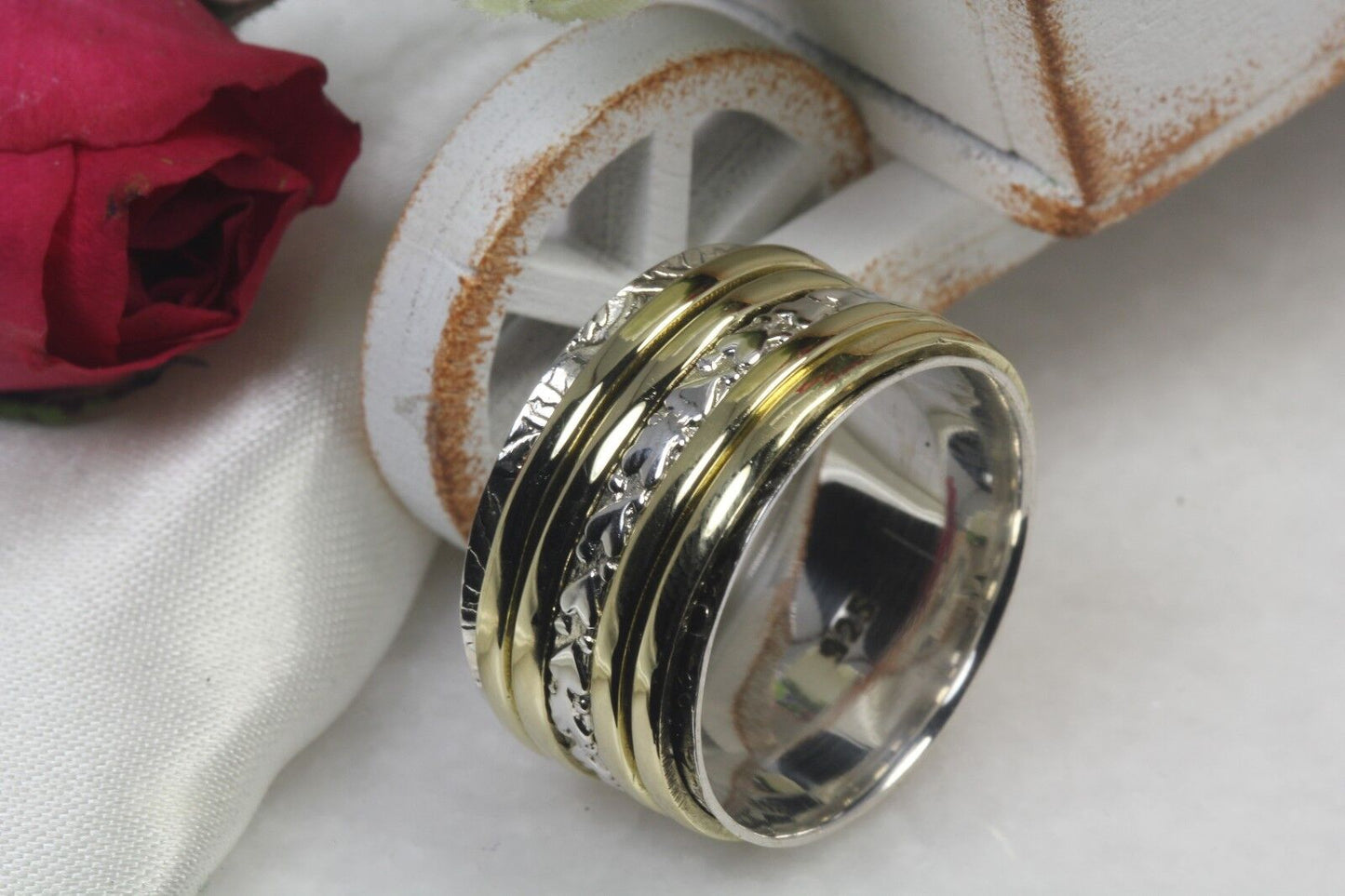 Yellow Gold Spinner Ring Hearts Solid Heavy 925 Sterling Silver Spinner Ring