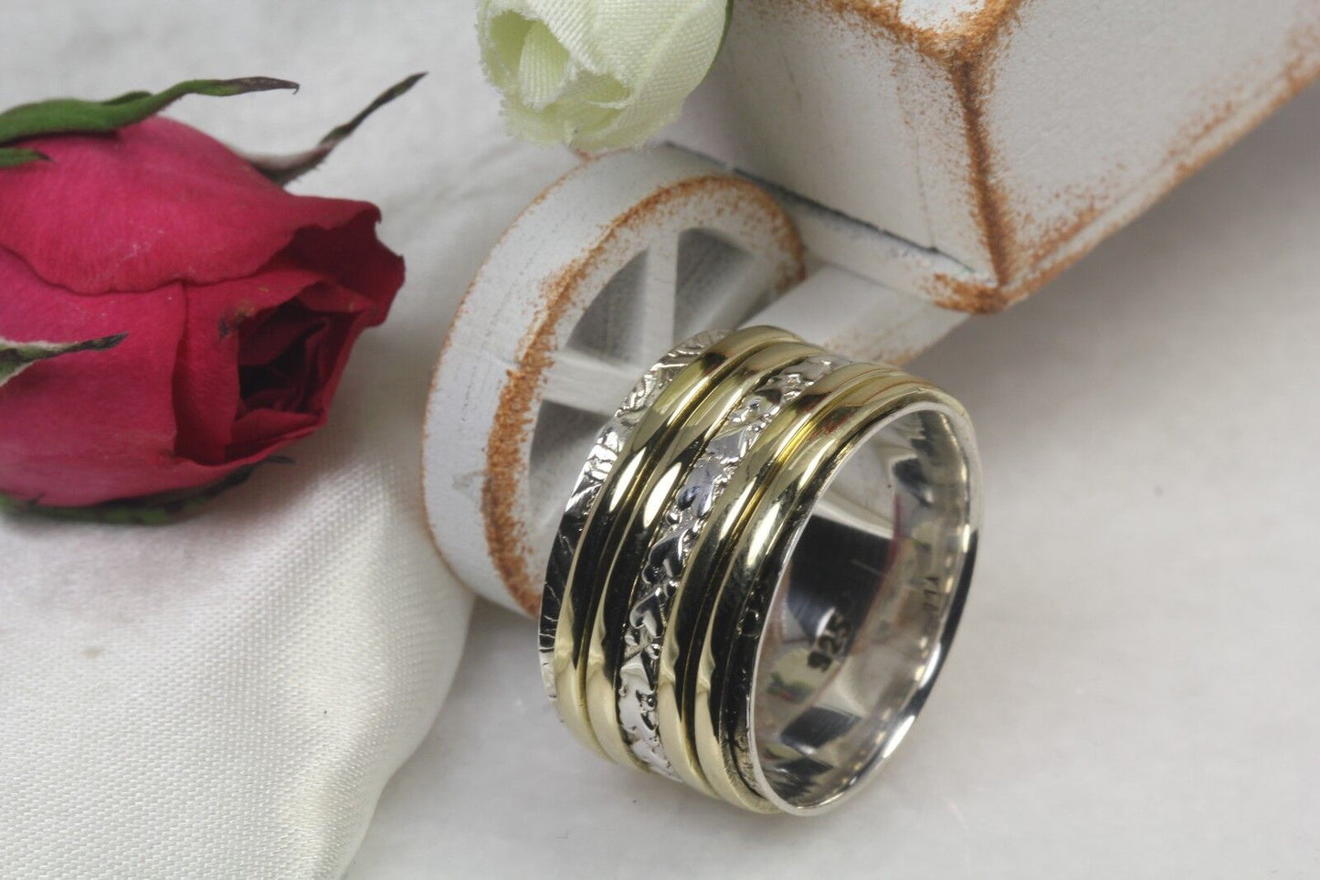Yellow Gold Spinner Ring Hearts Solid Heavy 925 Sterling Silver Spinner Ring