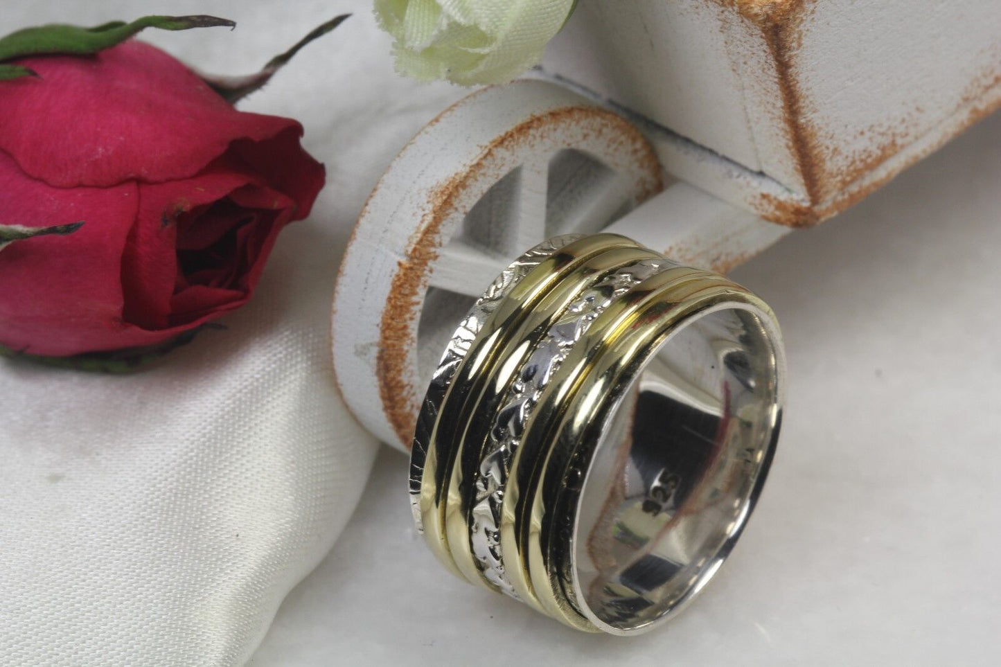 Yellow Gold Spinner Ring Hearts Solid Heavy 925 Sterling Silver Spinner Ring