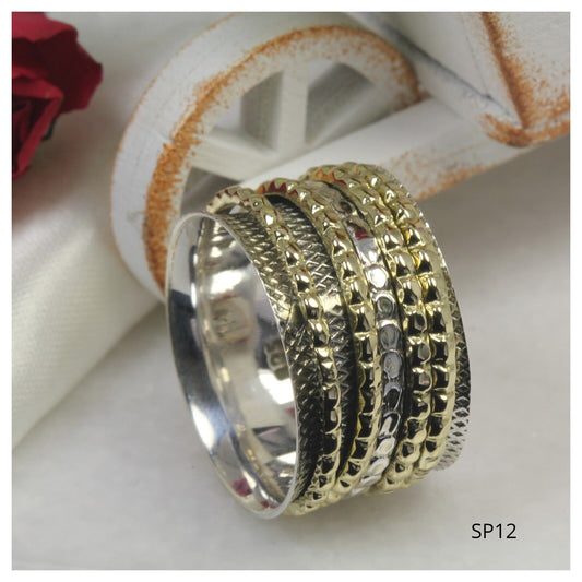 Dual Tone Heavy Wide 925 Sterling Silver Spinner Ring Yellow Gold Spinner Ring