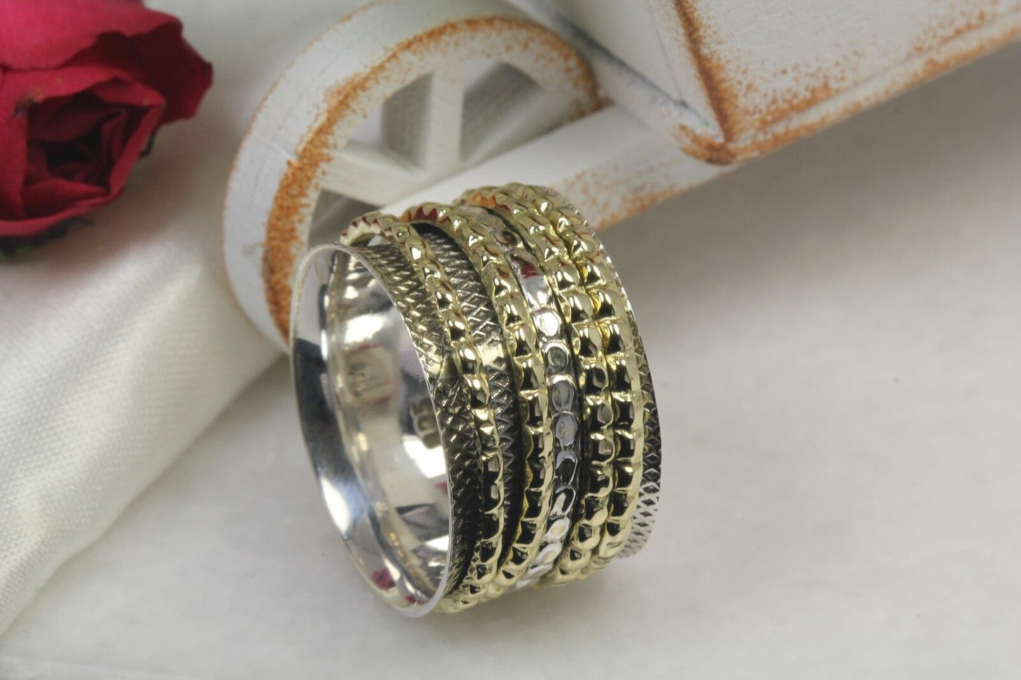 Dual Tone Heavy Wide 925 Sterling Silver Spinner Ring Yellow Gold Spinner Ring