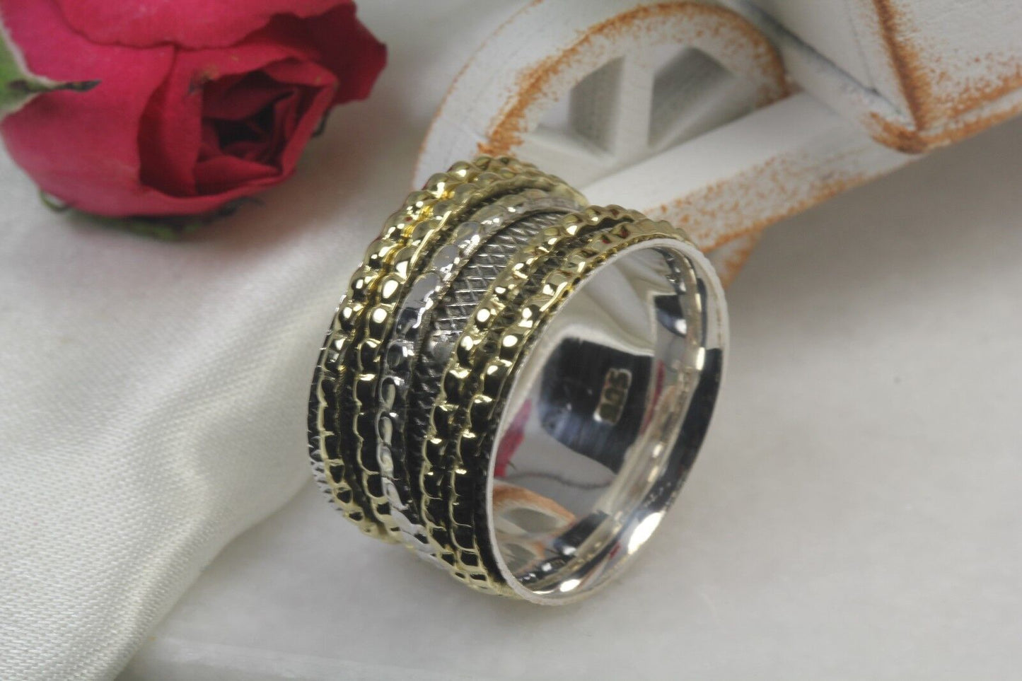 Dual Tone Heavy Wide 925 Sterling Silver Spinner Ring Yellow Gold Spinner Ring