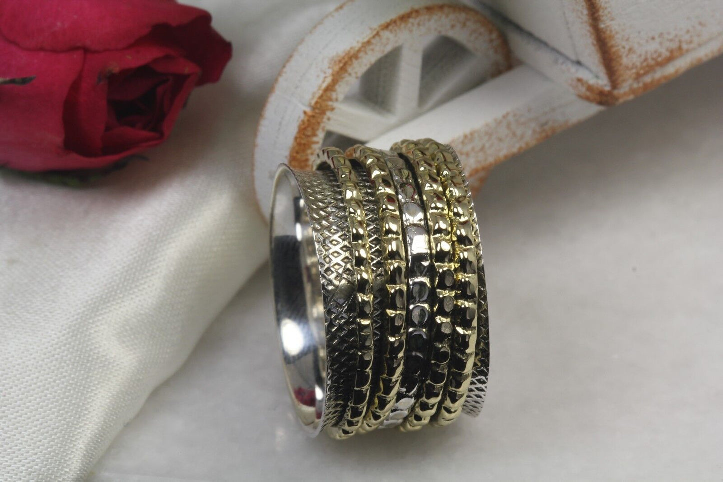 Dual Tone Heavy Wide 925 Sterling Silver Spinner Ring Yellow Gold Spinner Ring