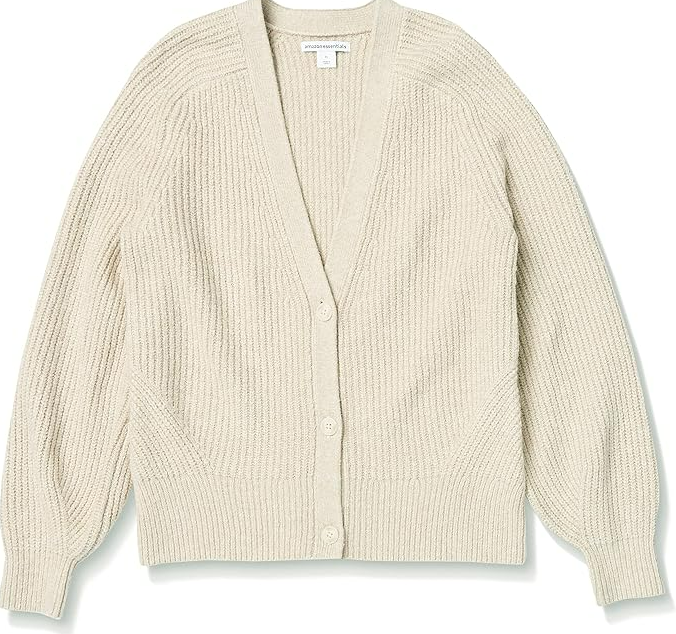 Amazon Essentials Women's Soft Touch Ribbed Blouson Cardigan Beige Large
