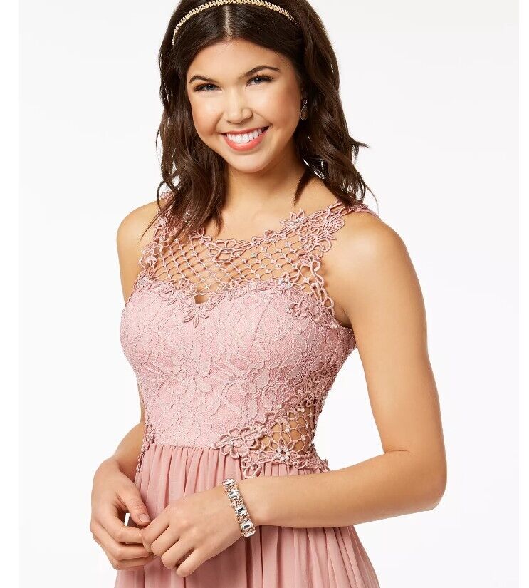 CITY STUDIOS Juniors' Dress Embellished Illusion Tulip Gown Pink 7 Girl's Prom