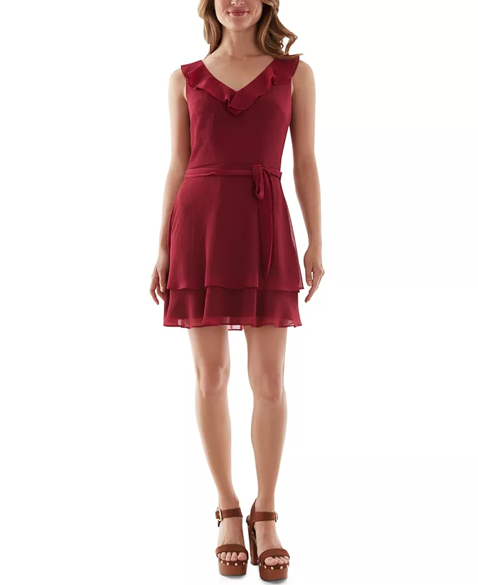 BCX JUNIORS RUFFLED FIT FLARE D WINE M