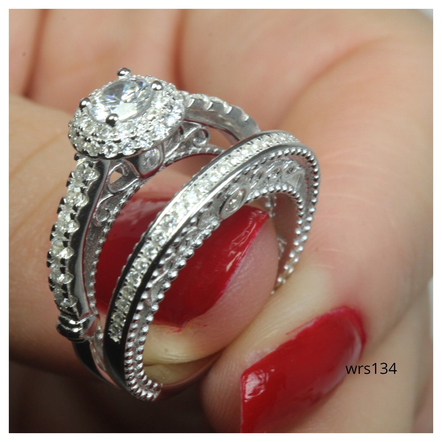 1.23 CT Round Cut Sterling Silver 925 Bridal Engagement Ring Wedding Ring Set 8g
