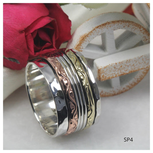 Tri-Tone Sterling Silver Spinner Ring Rose Gold Yellow Gold Heavy Spinner Ring