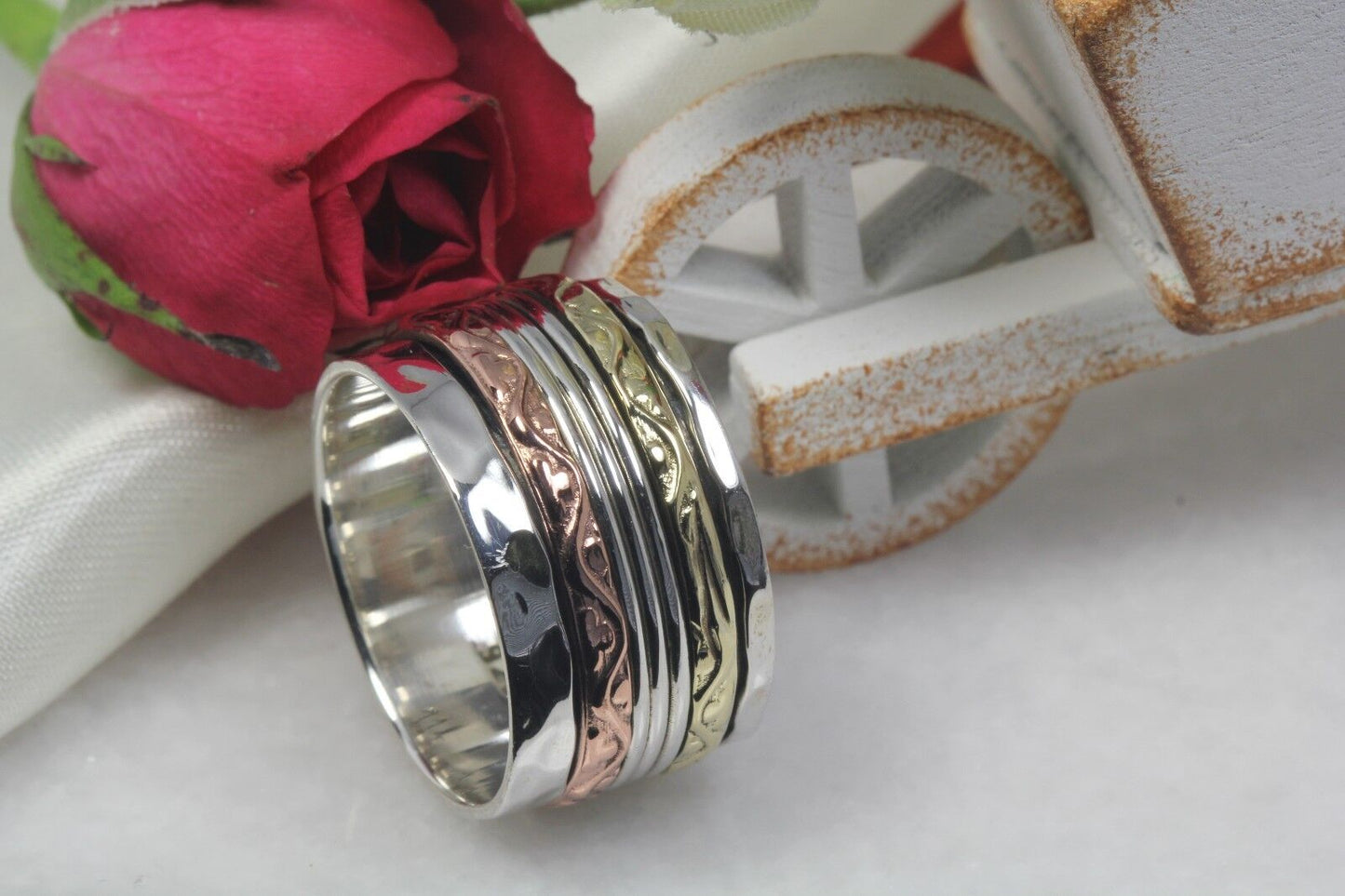 Tri-Tone Sterling Silver Spinner Ring Rose Gold Yellow Gold Heavy Spinner Ring