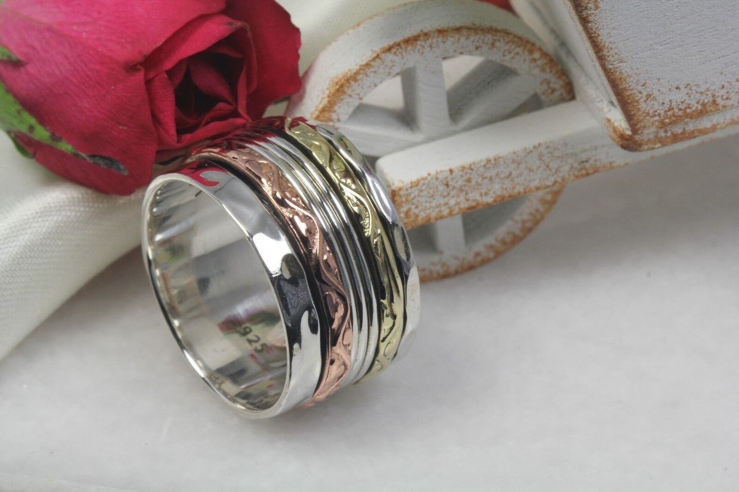 Tri-Tone Sterling Silver Spinner Ring Rose Gold Yellow Gold Heavy Spinner Ring